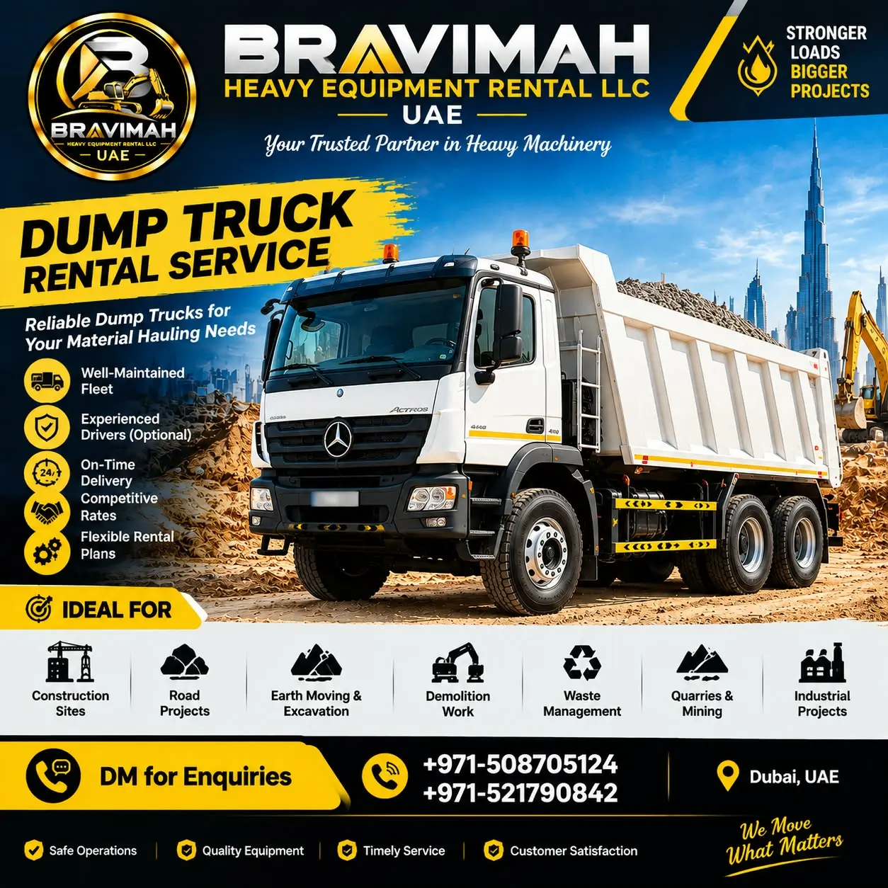Bravimah Dump Truck rental service flyer